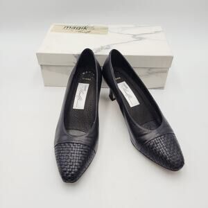 Amalfi by Rangoni Women Black Leather Pumps Heel 7.5 Narrow Career Woven Cap Toe